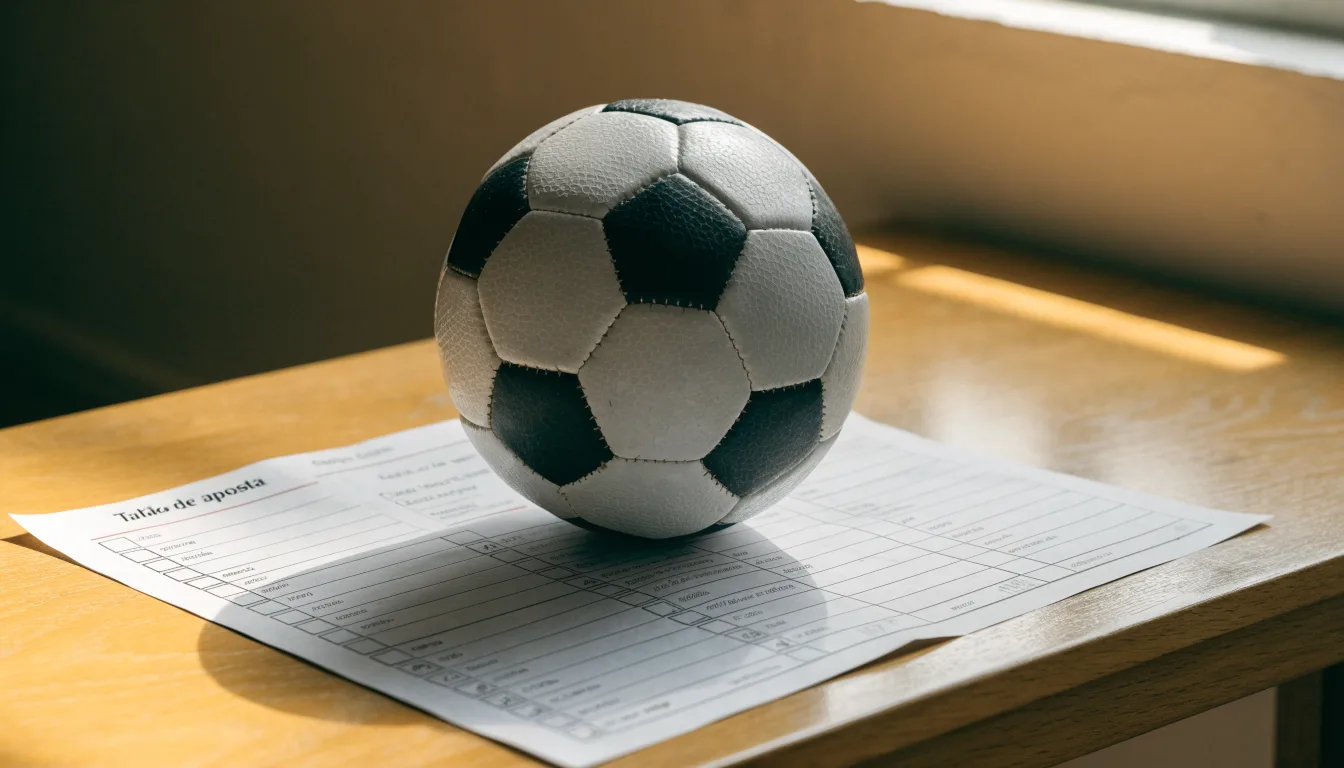 Uma bola de futebol pousada sobre um talão de apostas em branco numa mesa de madeira, à luz do dia