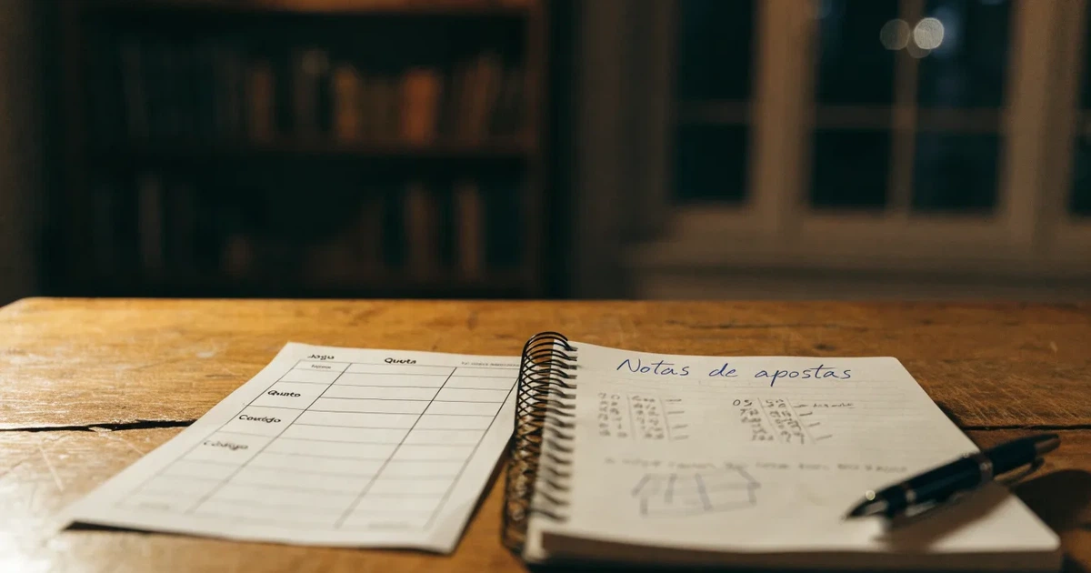 Um talão de apostas em branco ao lado de uma calculadora e de um bloco de notas com um esquema desenhado à mão