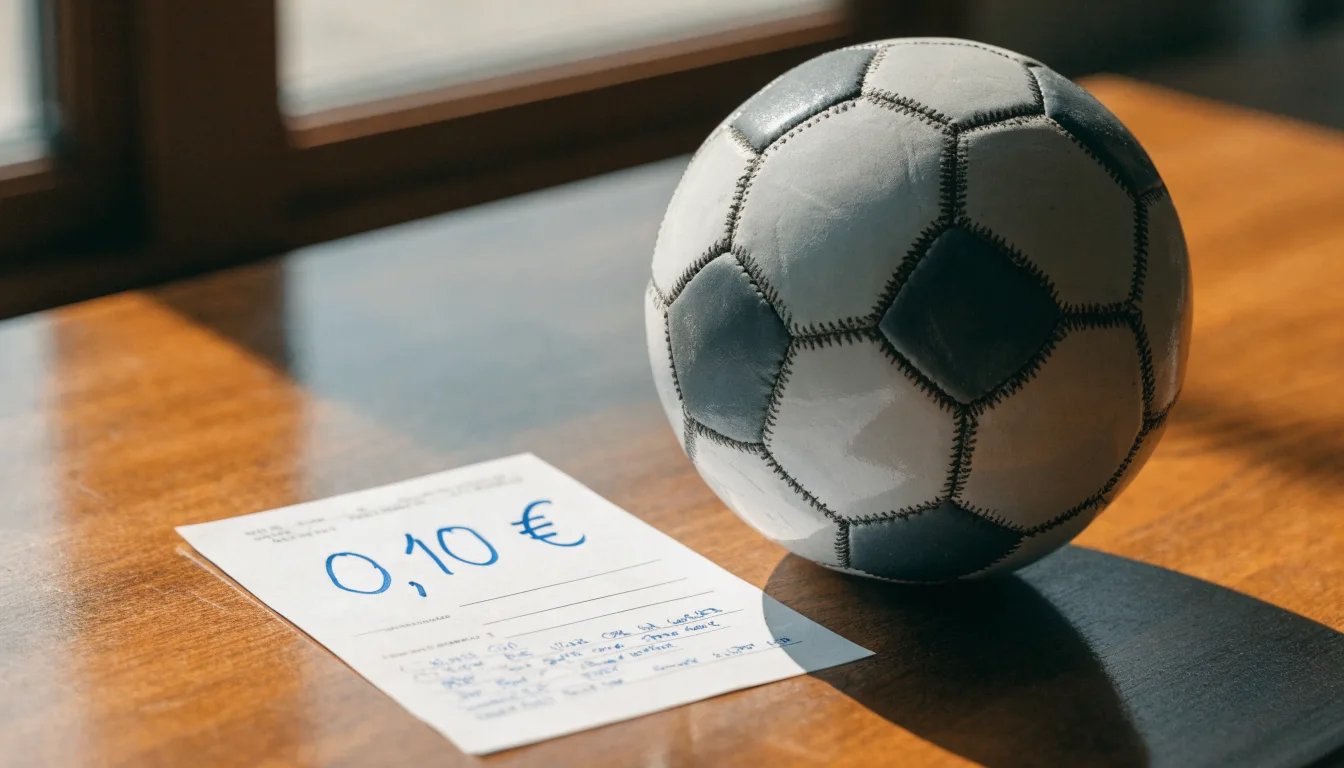 Uma bola de futebol pousada sobre um talão de apostas em branco numa mesa de madeira, à luz do dia