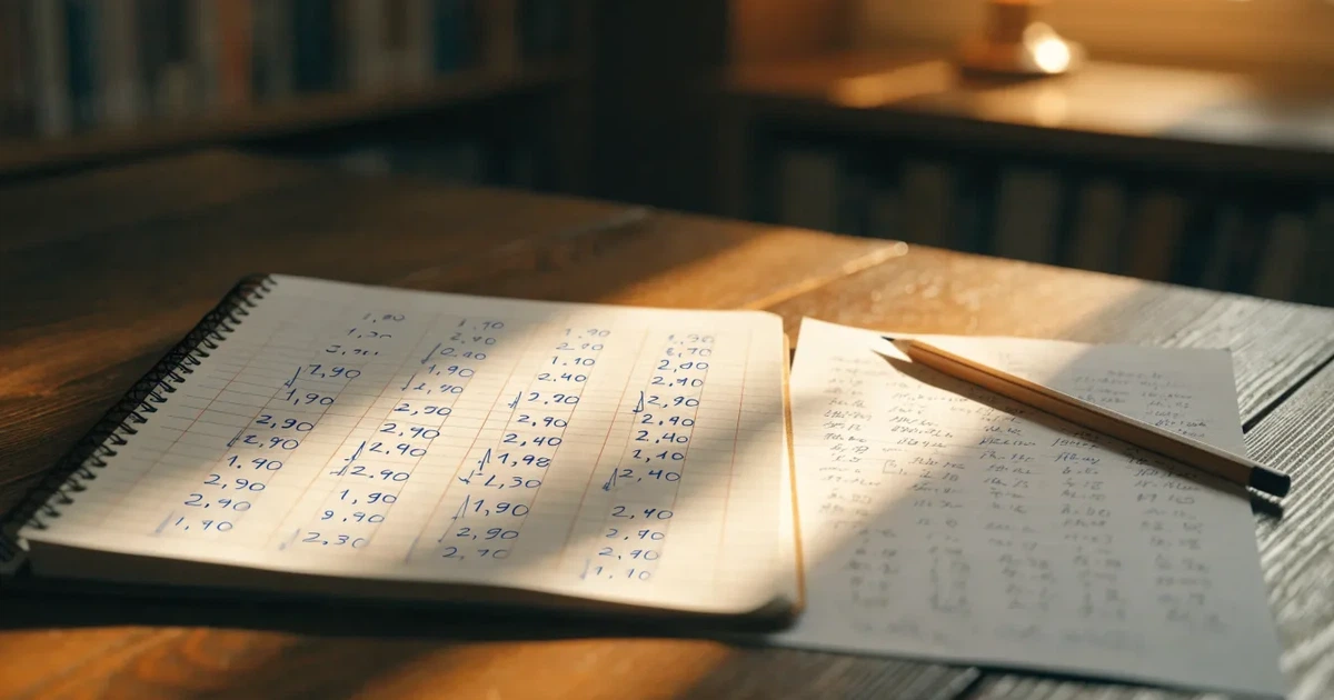 Um caderno aberto com cotas escritas à mão, uma calculadora e um lápis sobre uma mesa de madeira