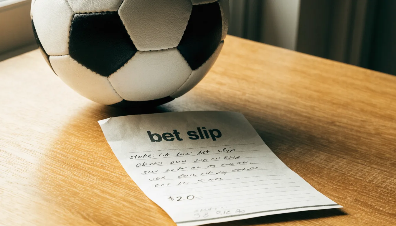 Uma bola de futebol pousada sobre um talão de apostas em branco numa mesa de madeira, à luz do dia