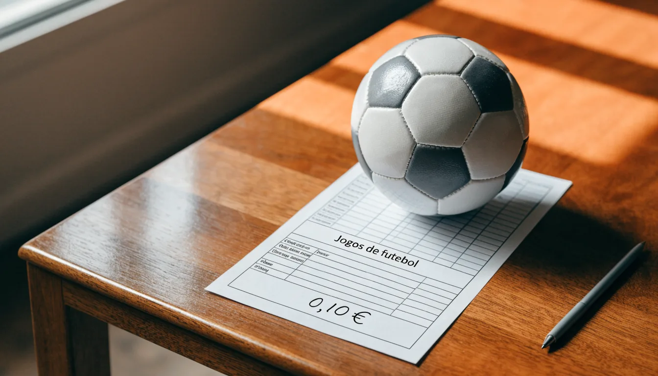 Uma bola de futebol pousada sobre um talão de apostas em branco numa mesa de madeira, à luz do dia