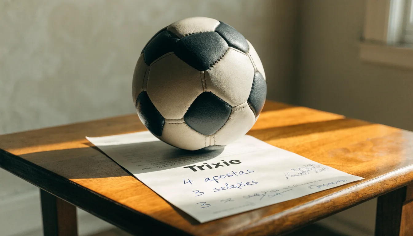 Uma bola de futebol pousada sobre um talão de apostas em branco numa mesa de madeira, à luz do dia