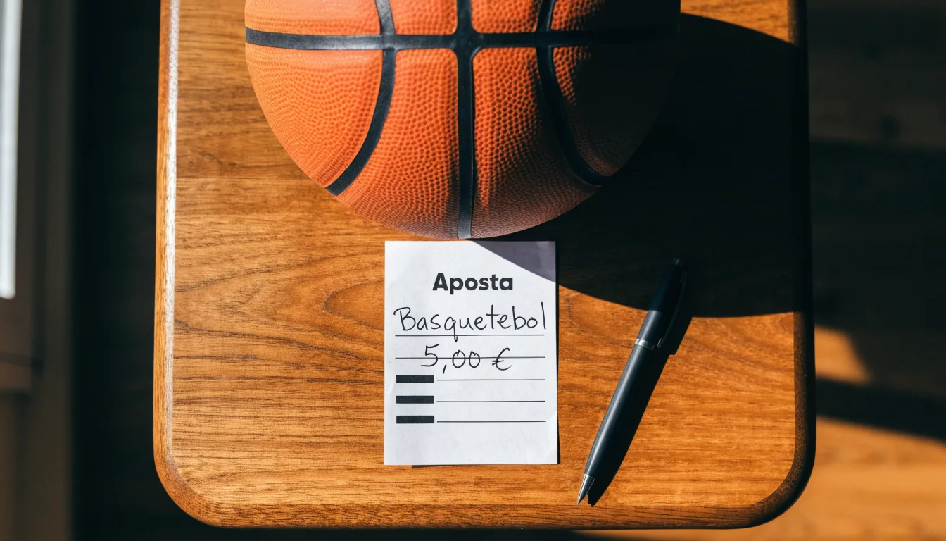 Uma bola de futebol pousada sobre um talão de apostas em branco numa mesa de madeira, à luz do dia