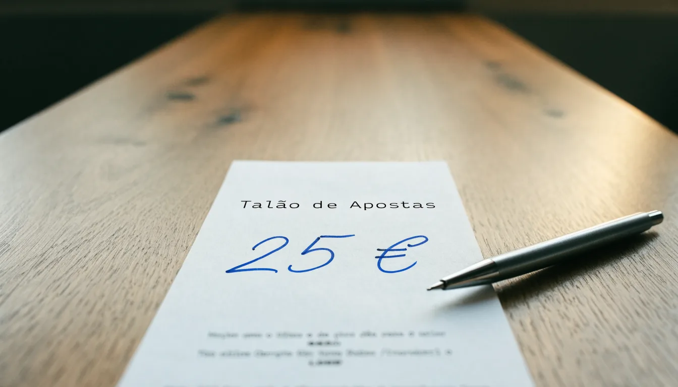 Uma bola de futebol pousada sobre um talão de apostas em branco numa mesa de madeira, à luz do dia