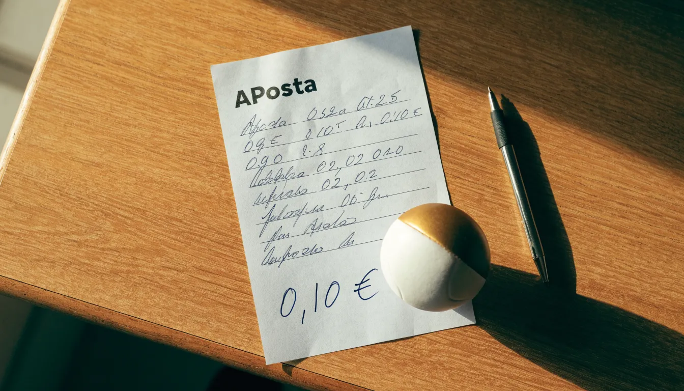 Uma bola de futebol pousada sobre um talão de apostas em branco numa mesa de madeira, à luz do dia