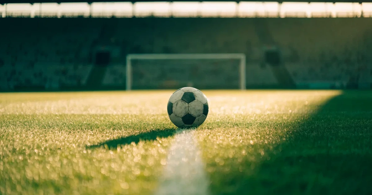 Uma bola de futebol no ponto central de um relvado, à luz da manhã