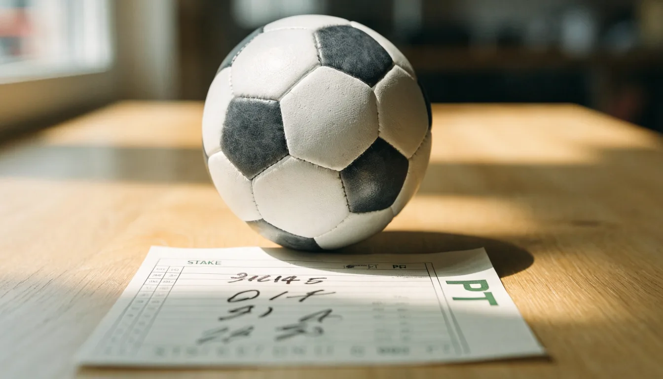 Uma bola de futebol pousada sobre um talão de apostas em branco numa mesa de madeira, à luz do dia