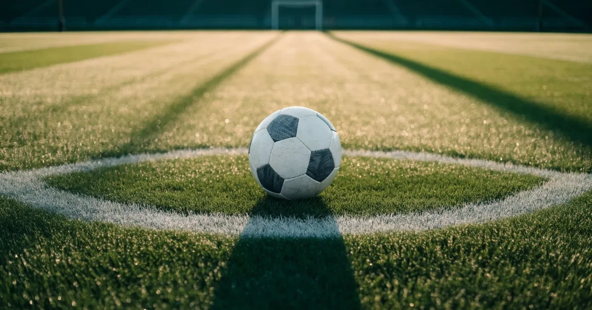 Uma bola de futebol no ponto central de um relvado, à luz da manhã