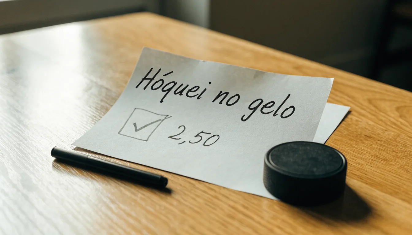 Uma bola de futebol pousada sobre um talão de apostas em branco numa mesa de madeira, à luz do dia