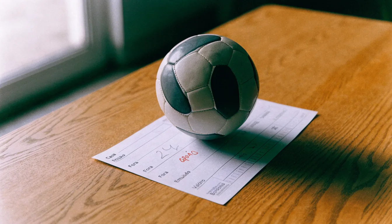 Uma bola de futebol pousada sobre um talão de apostas em branco numa mesa de madeira, à luz do dia