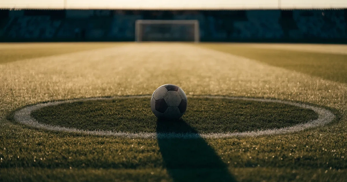 Uma bola de futebol no ponto central de um relvado, à luz da manhã