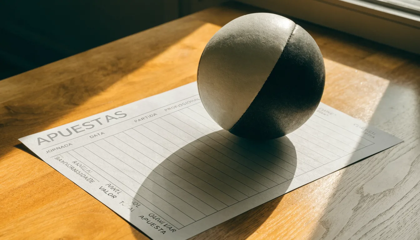 Uma bola de futebol pousada sobre um talão de apostas em branco numa mesa de madeira, à luz do dia