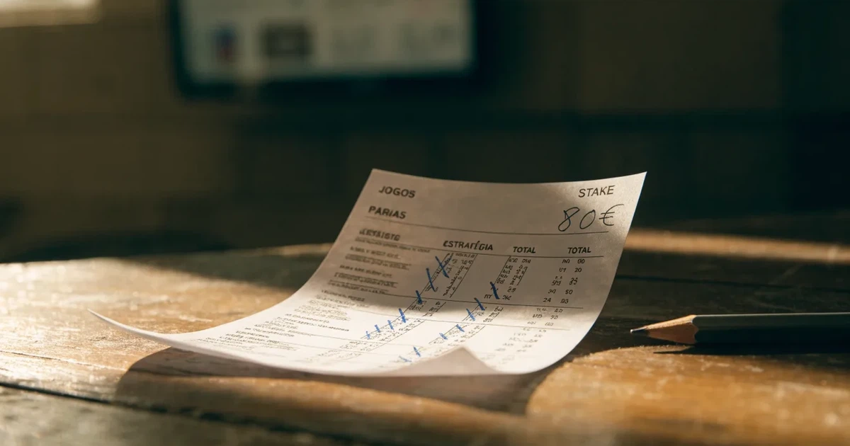 Um talão de apostas com várias seleções marcadas a caneta numa bancada de madeira