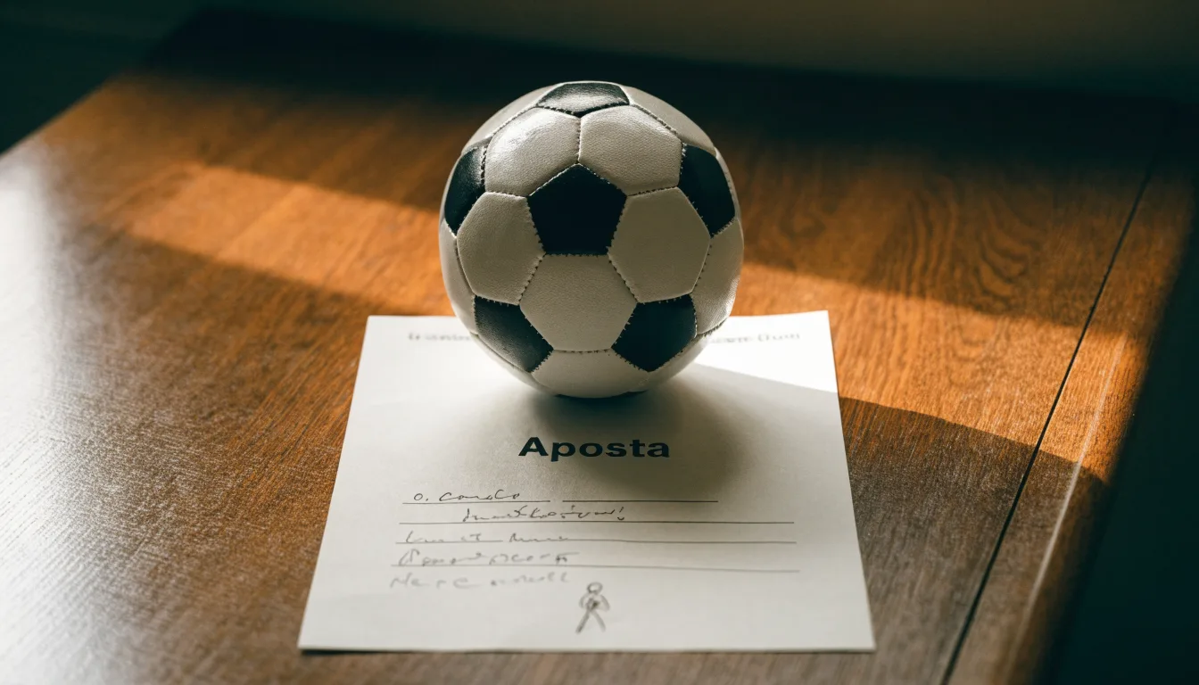 Uma bola de futebol pousada sobre um talão de apostas em branco numa mesa de madeira, à luz do dia