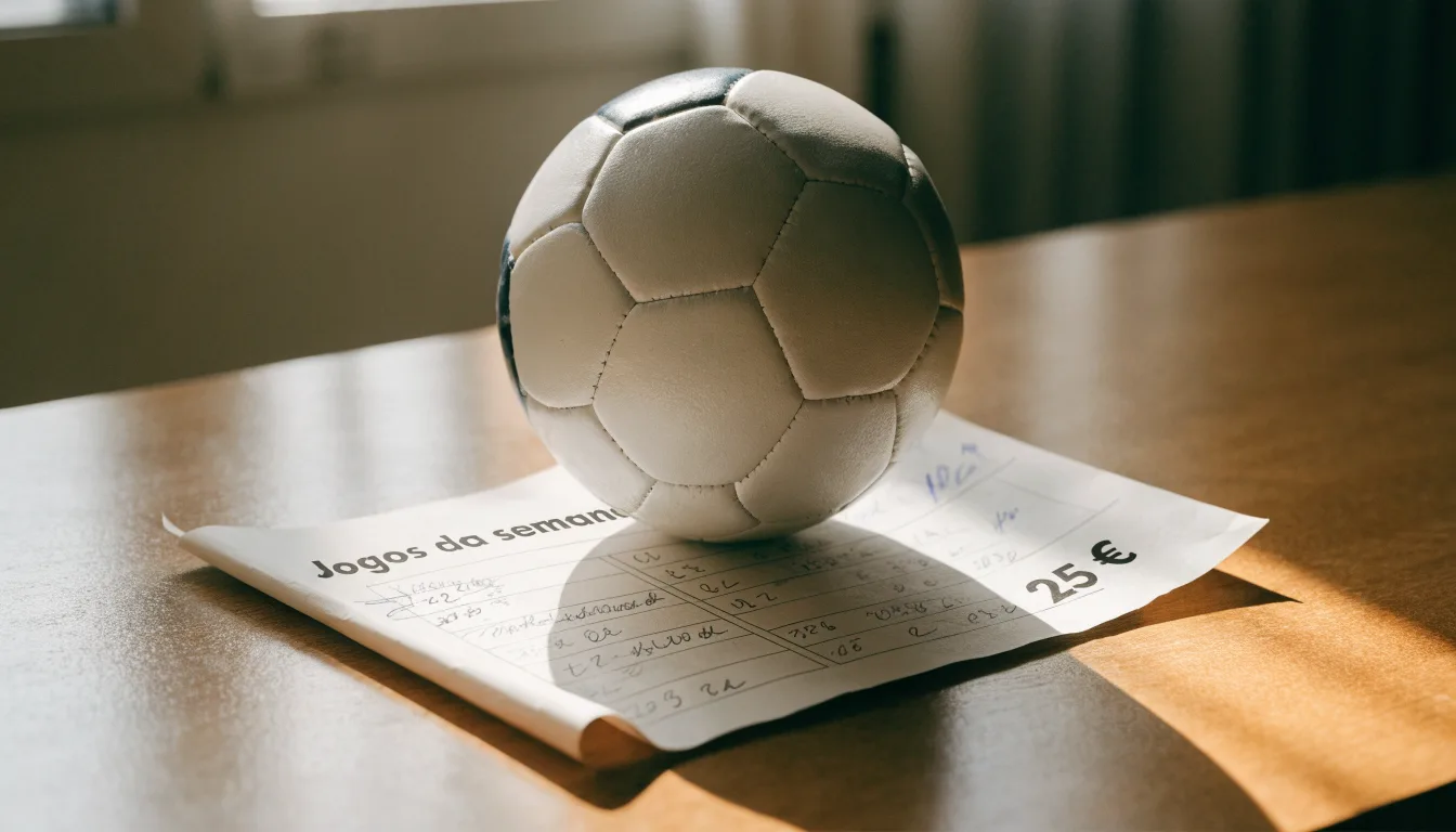 Uma bola de futebol pousada sobre um talão de apostas em branco numa mesa de madeira, à luz do dia