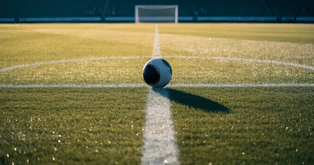 Uma bola de futebol no ponto central de um relvado, à luz da manhã