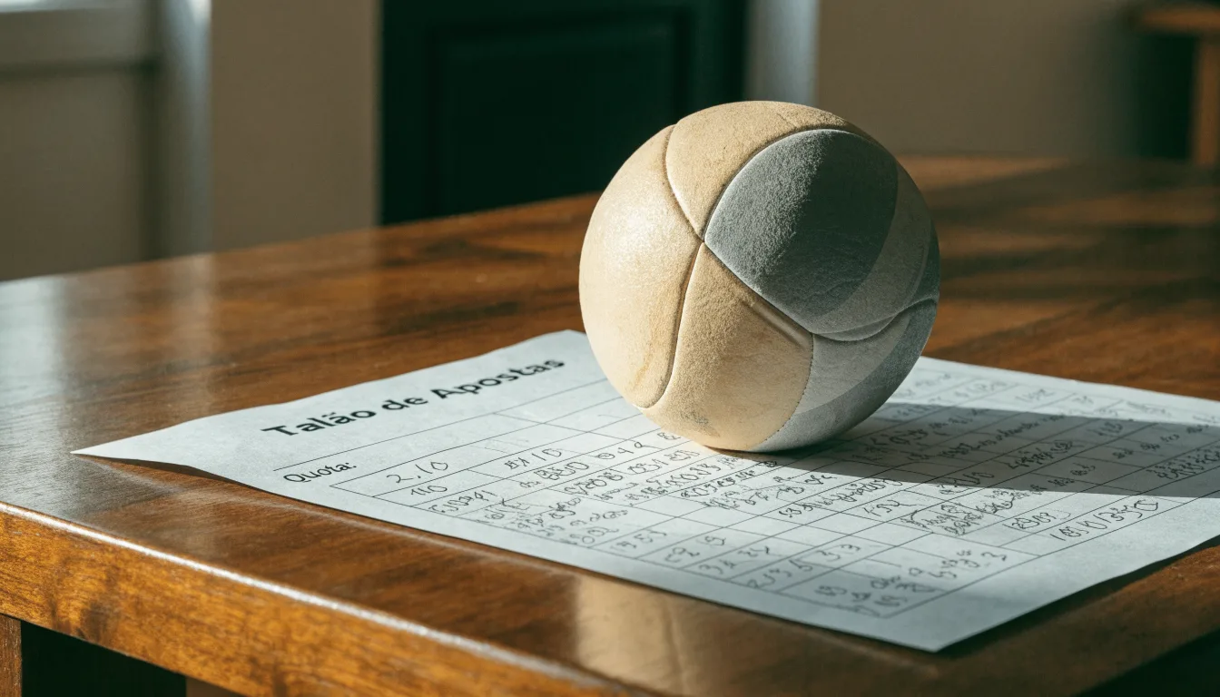 Uma bola de futebol pousada sobre um talão de apostas em branco numa mesa de madeira, à luz do dia