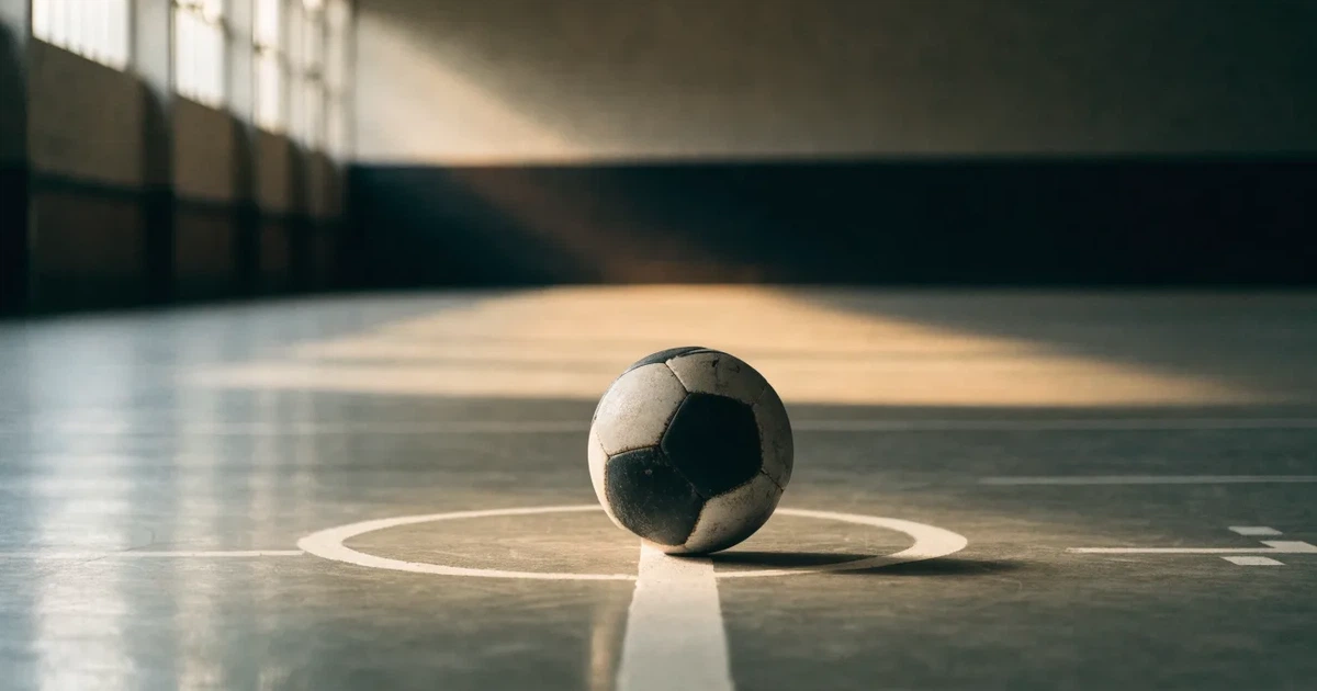 Uma bola de futebol no ponto central de um relvado, à luz da manhã