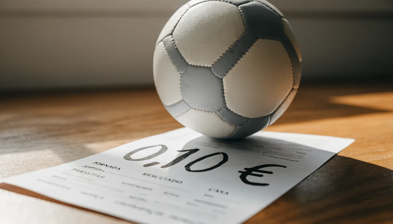 Uma bola de futebol pousada sobre um talão de apostas em branco numa mesa de madeira, à luz do dia