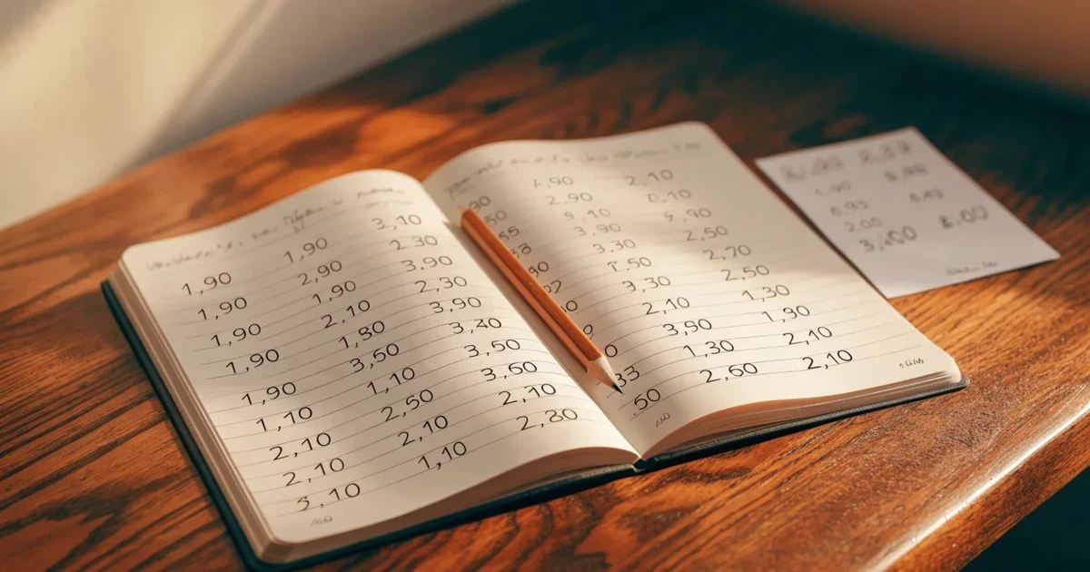 Um caderno aberto com cotas escritas à mão, uma calculadora e um lápis sobre uma mesa de madeira