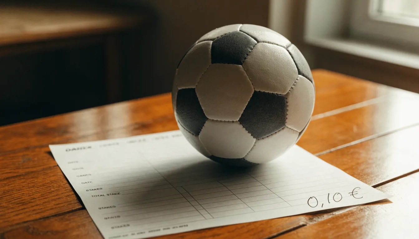 Uma bola de futebol pousada sobre um talão de apostas em branco numa mesa de madeira, à luz do dia