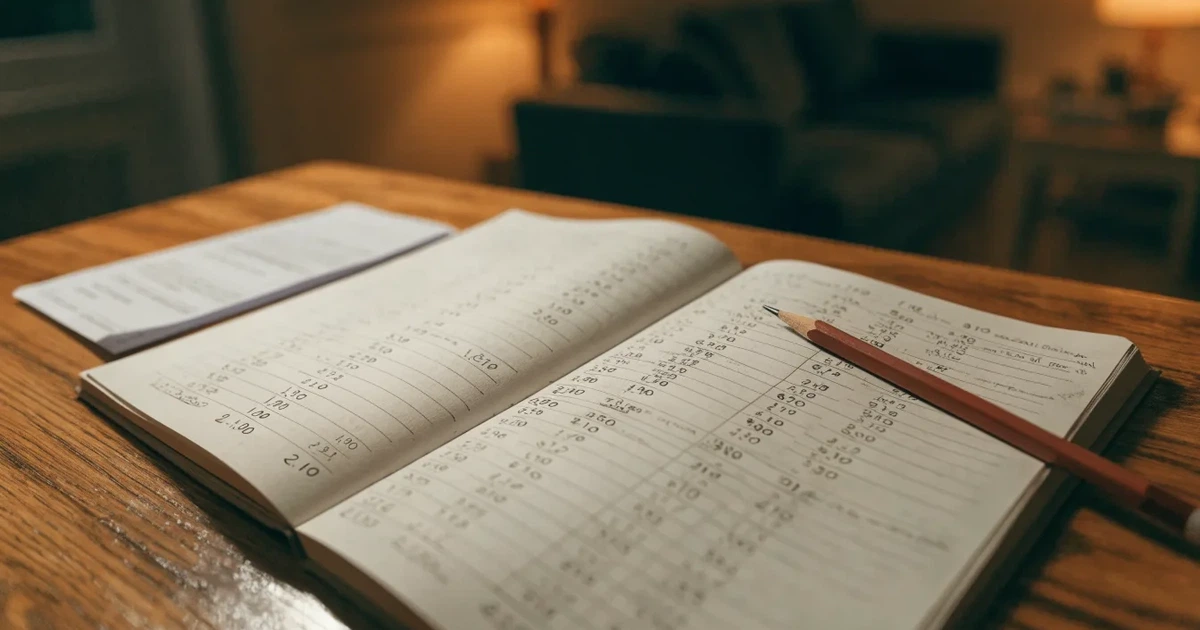 Um caderno aberto com cotas escritas à mão, uma calculadora e um lápis sobre uma mesa de madeira