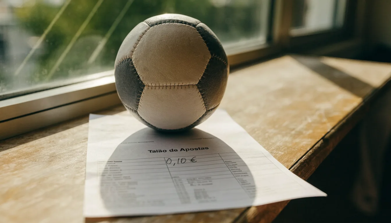 Uma bola de futebol pousada sobre um talão de apostas em branco numa mesa de madeira, à luz do dia
