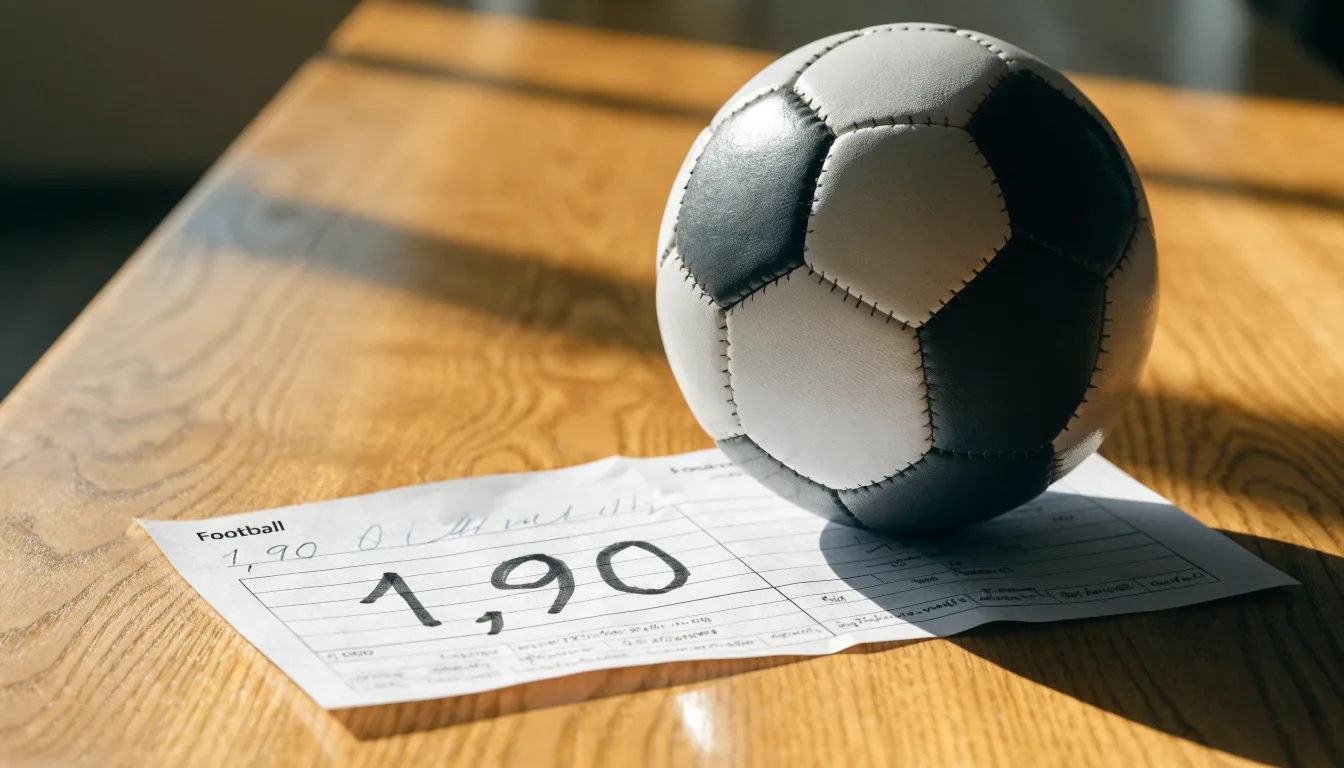 Uma bola de futebol pousada sobre um talão de apostas em branco numa mesa de madeira, à luz do dia
