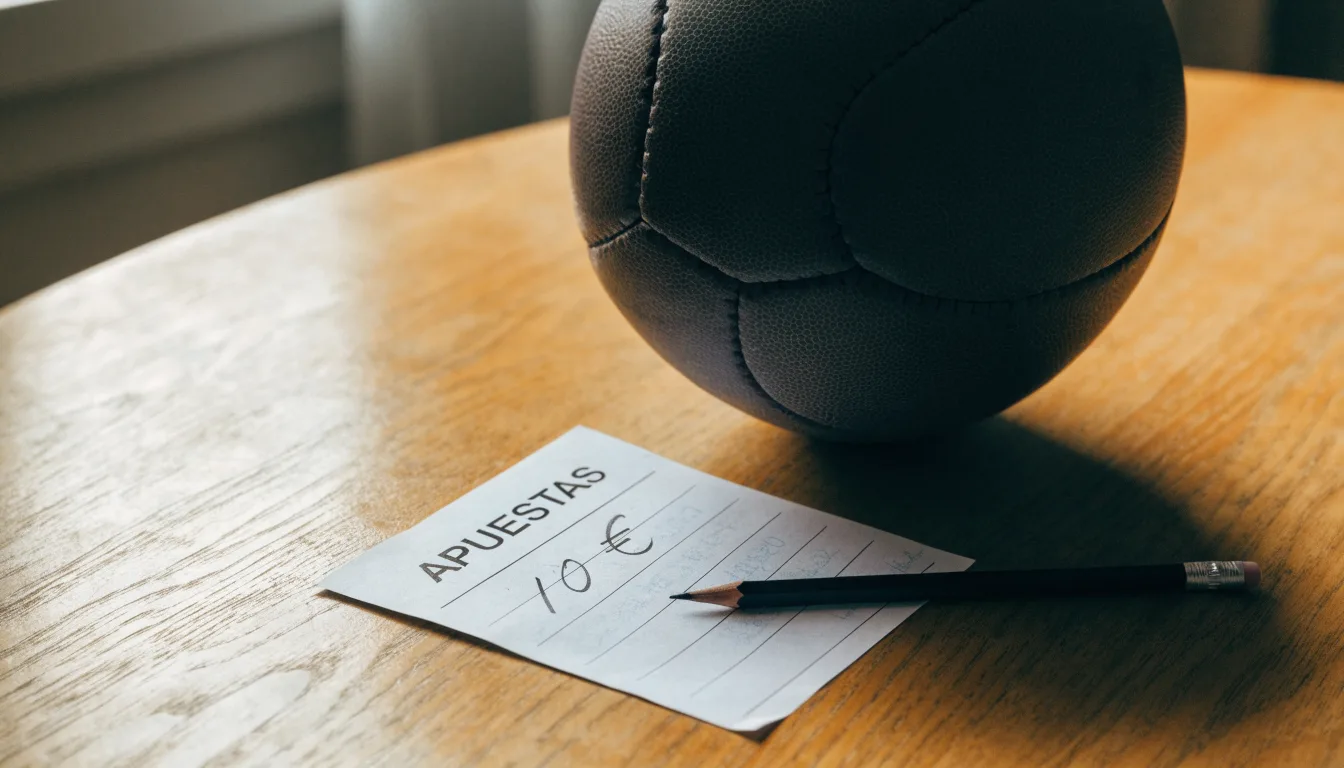 Uma bola de futebol pousada sobre um talão de apostas em branco numa mesa de madeira, à luz do dia