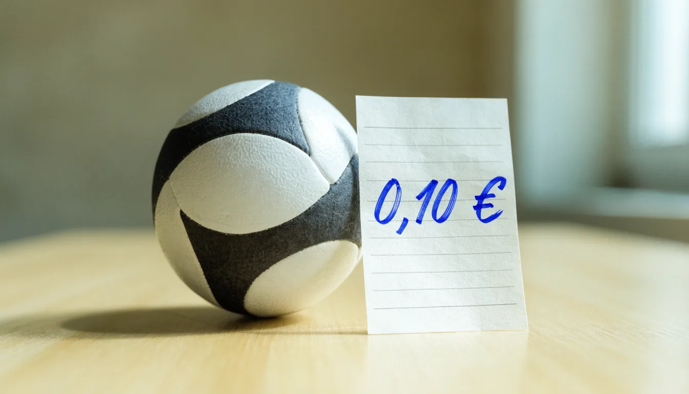 Uma bola de futebol pousada sobre um talão de apostas em branco numa mesa de madeira, à luz do dia
