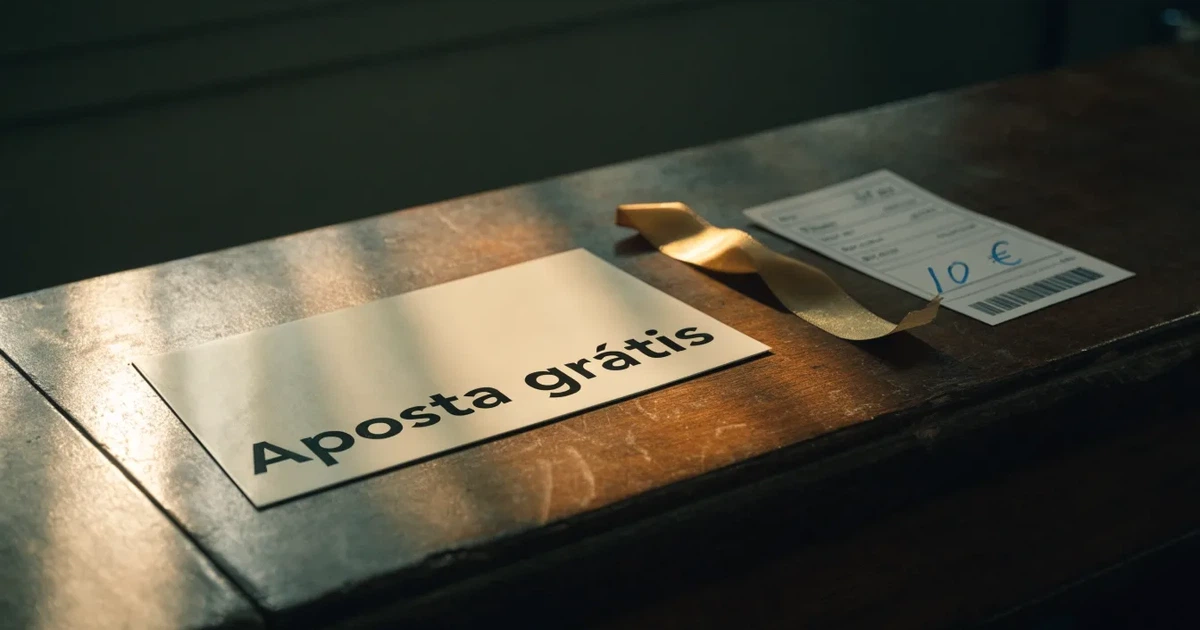 Um cartão de oferta com uma fita dourada ao lado de um talão de apostas numa bancada de madeira