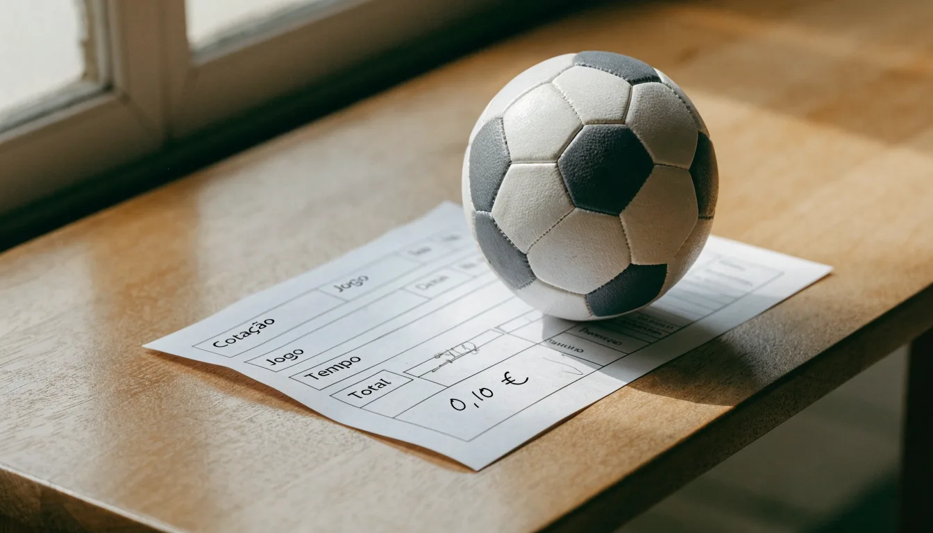 Uma bola de futebol pousada sobre um talão de apostas em branco numa mesa de madeira, à luz do dia