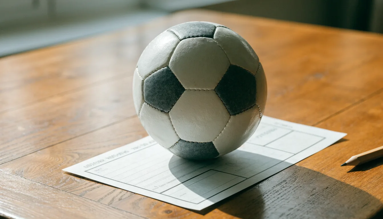 Uma bola de futebol pousada sobre um talão de apostas em branco numa mesa de madeira, à luz do dia