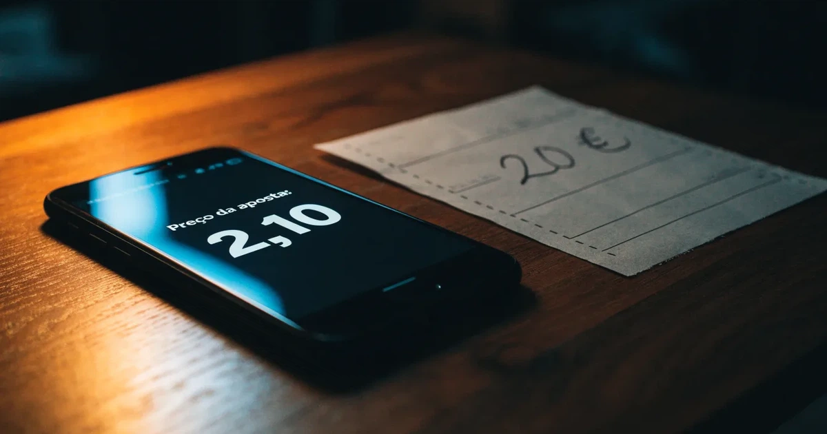 Uma moeda física de bitcoin ao lado de um telemóvel com um talão de aposta no ecrã, sobre uma mesa escura