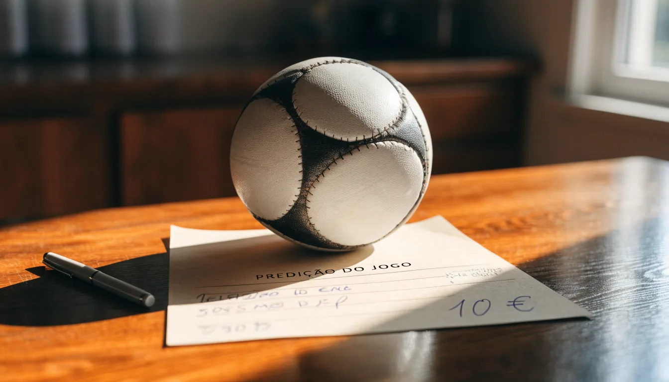 Uma bola de futebol pousada sobre um talão de apostas em branco numa mesa de madeira, à luz do dia