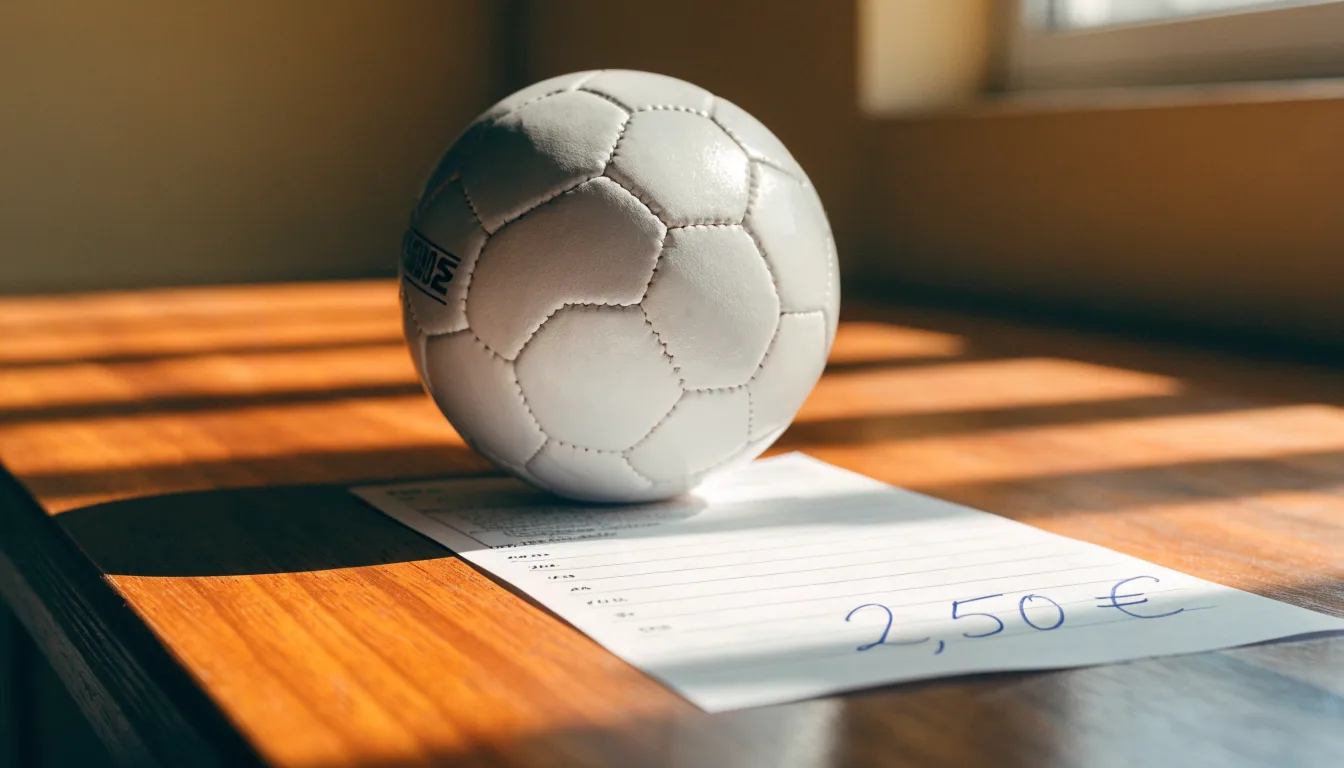 Uma bola de futebol pousada sobre um talão de apostas em branco numa mesa de madeira, à luz do dia