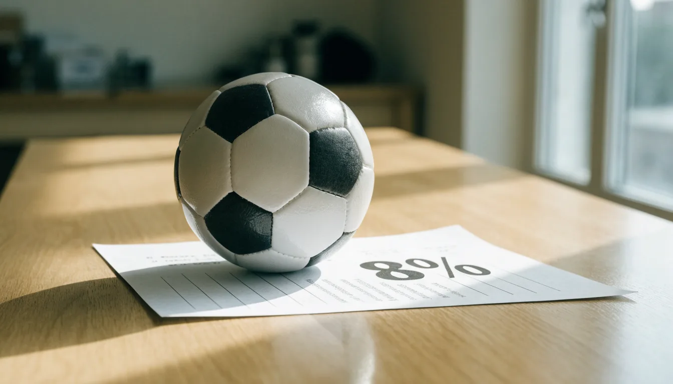 Uma bola de futebol pousada sobre um talão de apostas em branco numa mesa de madeira, à luz do dia