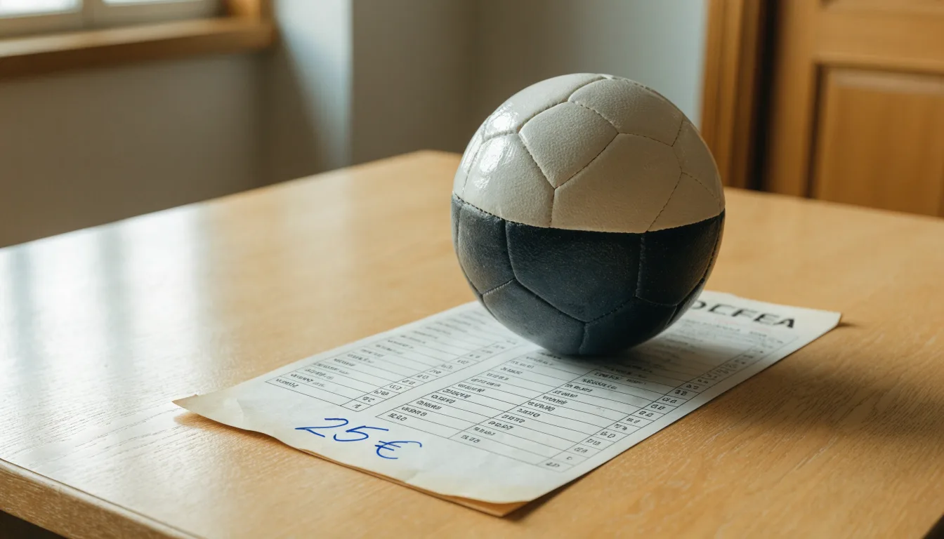 Uma bola de futebol pousada sobre um talão de apostas em branco numa mesa de madeira, à luz do dia
