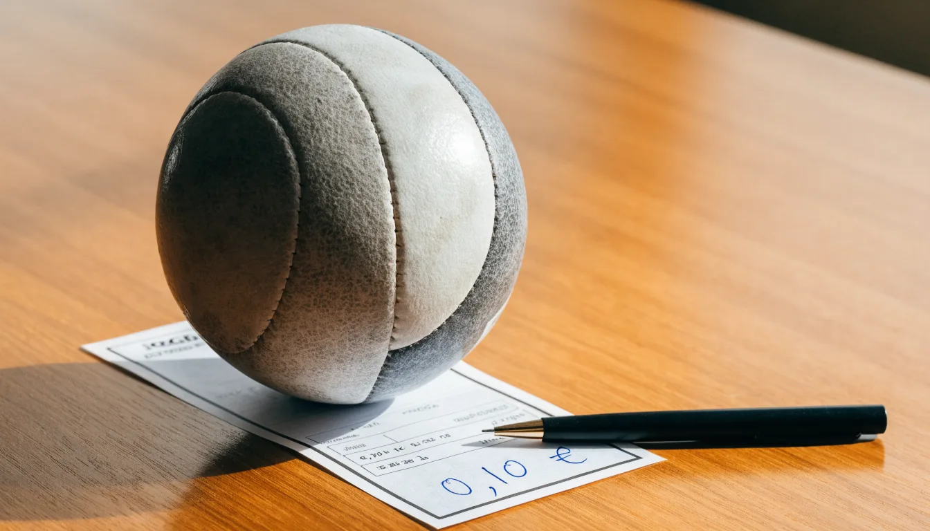 Uma bola de futebol pousada sobre um talão de apostas em branco numa mesa de madeira, à luz do dia