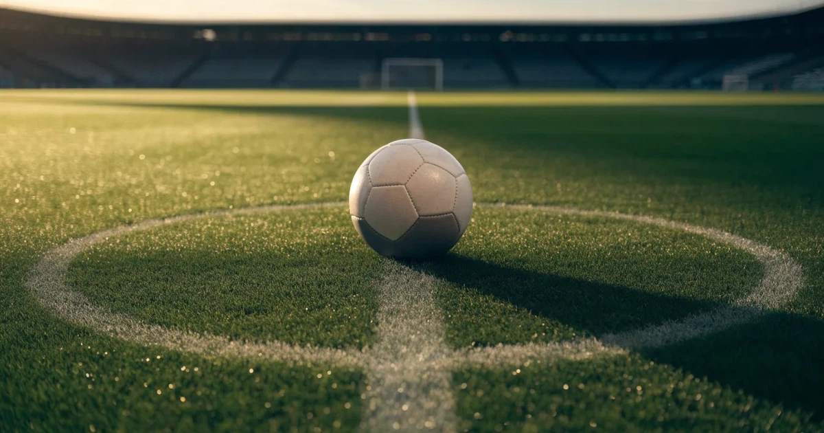 Uma bola de futebol no ponto central de um relvado, à luz da manhã
