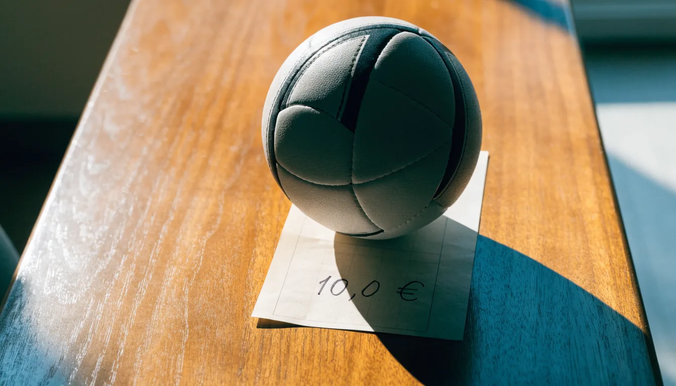 Uma bola de futebol pousada sobre um talão de apostas em branco numa mesa de madeira, à luz do dia