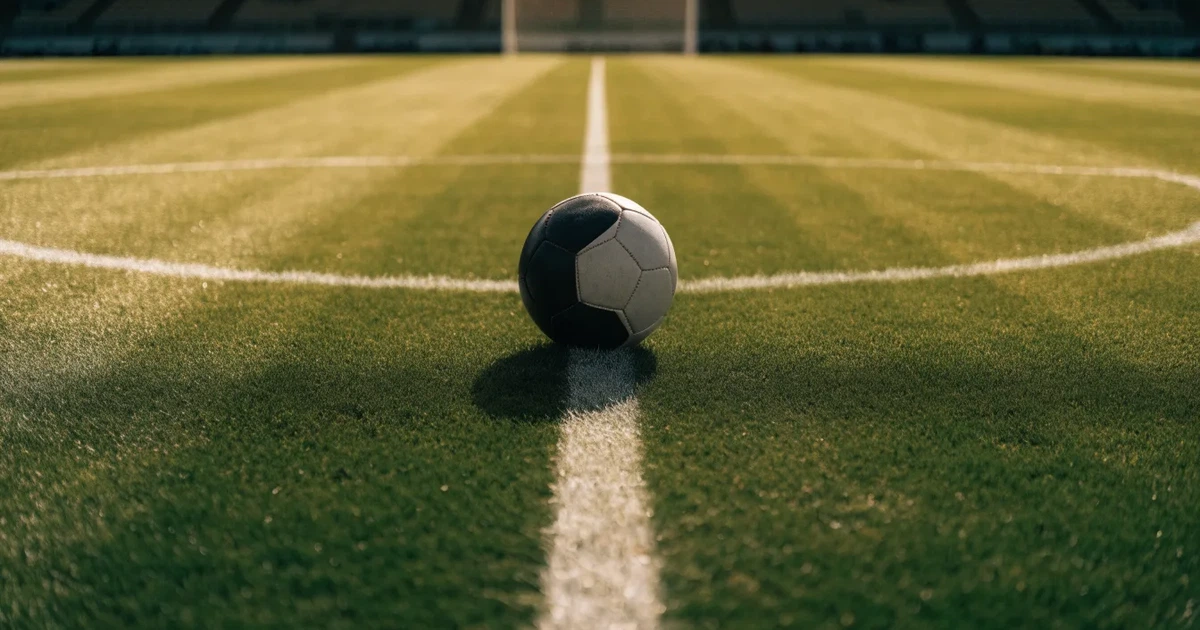 Uma bola de futebol no ponto central de um relvado, à luz da manhã