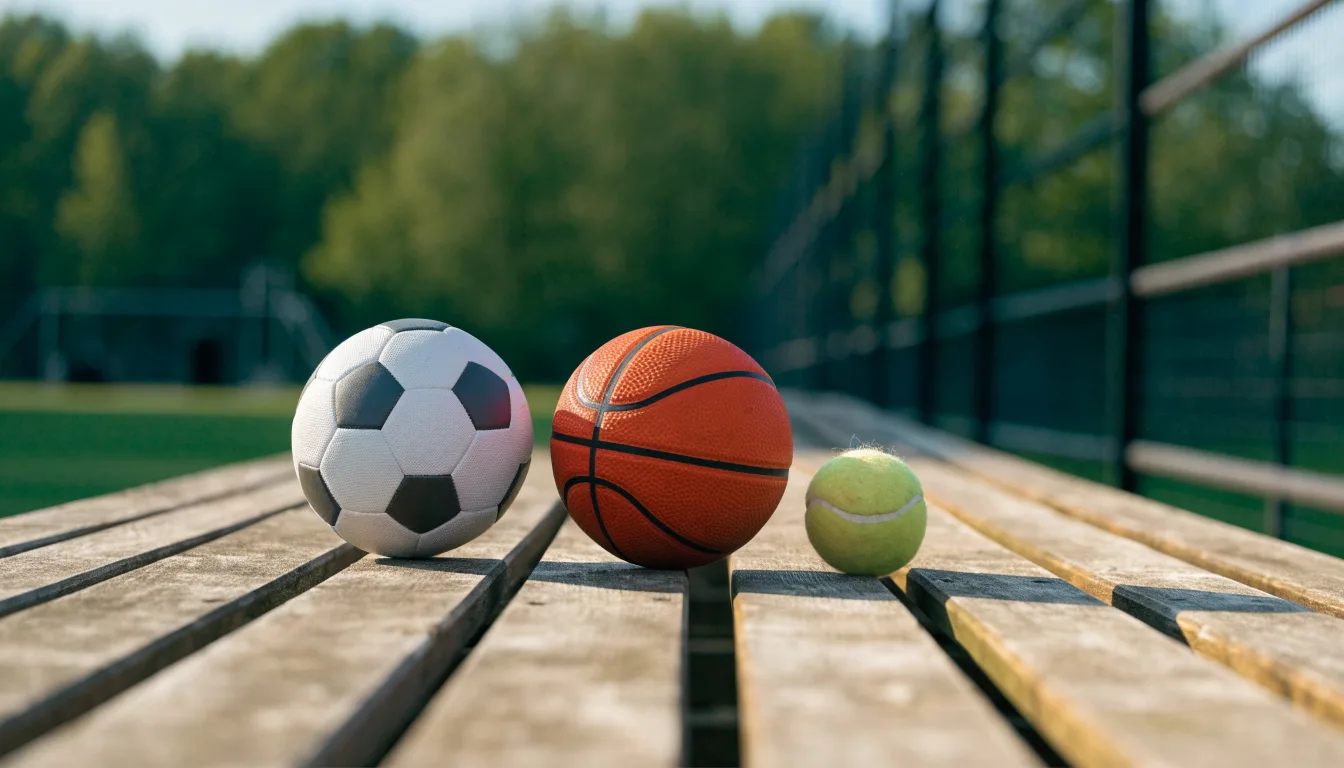 Três bolas de desportos diferentes alinhadas lado a lado num banco de madeira
