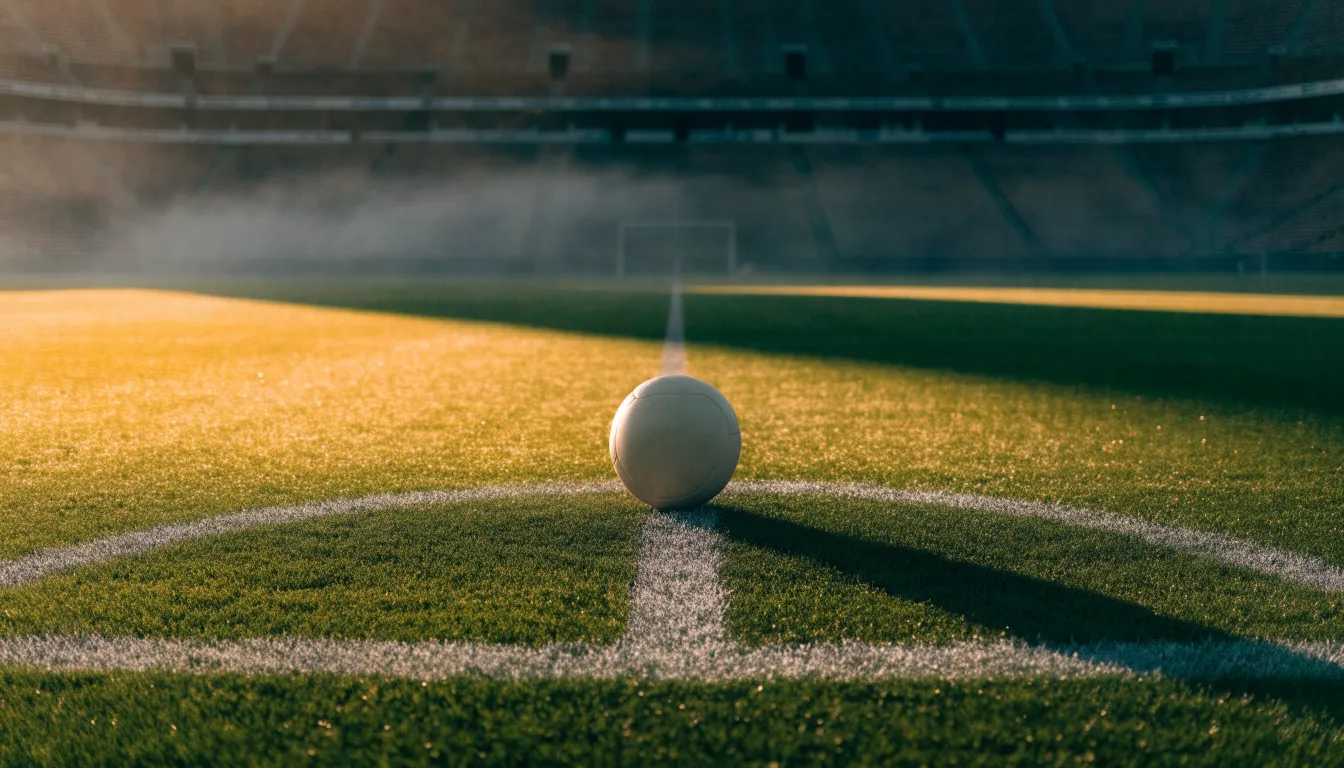 Uma bola de futebol no ponto central de um relvado, à luz da manhã