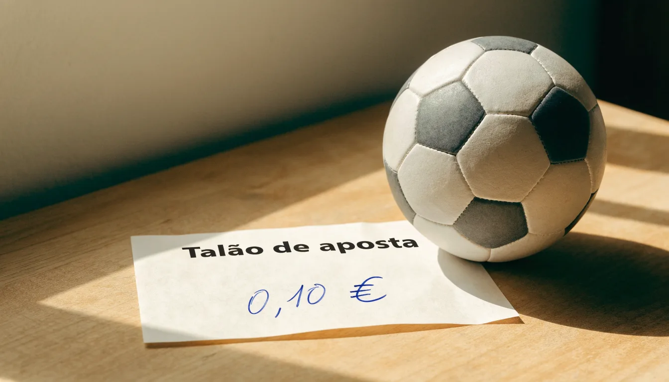 Uma bola de futebol pousada sobre um talão de apostas em branco numa mesa de madeira, à luz do dia