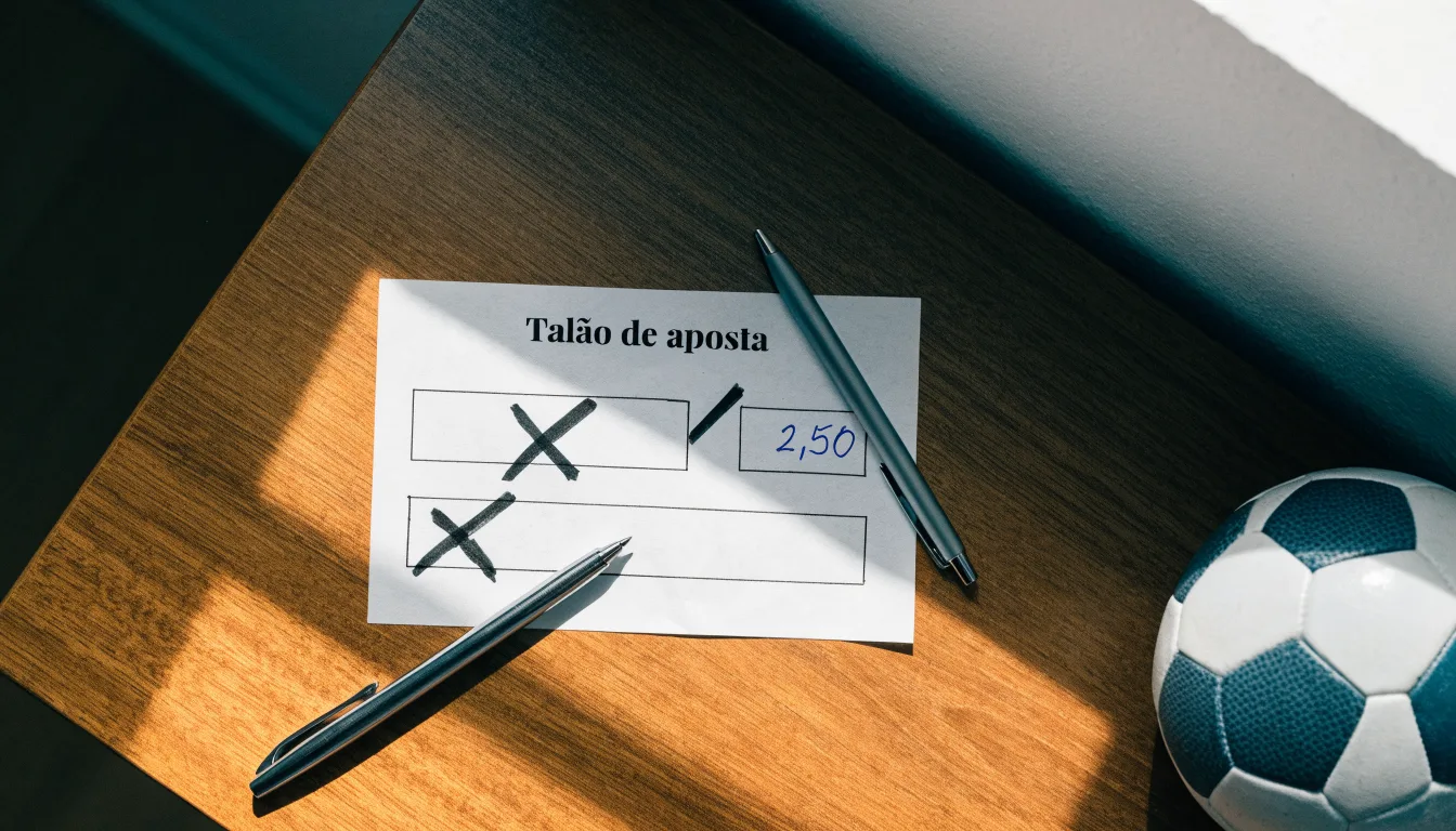 Uma bola de futebol pousada sobre um talão de apostas em branco numa mesa de madeira, à luz do dia